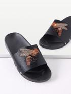 Romwe Bee Embroidery Pu Flat Sandals