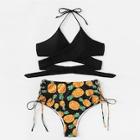 Romwe Plus Wrap Top With Pineapple Print Tie Side Bikini