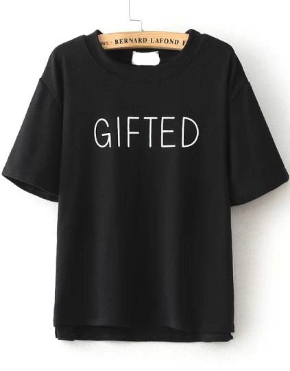 Romwe Round Neck Dip Hem Letter Print Black T-shirt