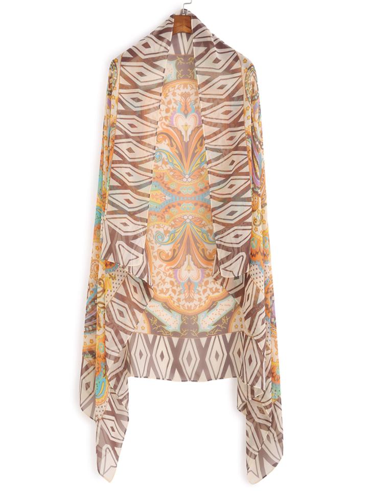 Romwe Khaki Tribal Print Voile Scarf
