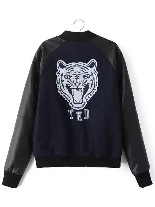 Romwe Navy Letter Embroidery Contrast Pu Sleeve Baseball Jacket