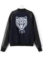 Romwe Navy Letter Embroidery Contrast Pu Sleeve Baseball Jacket