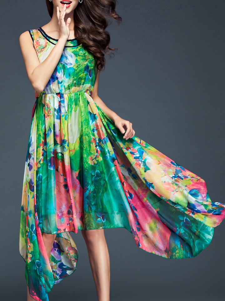 Romwe Green Tie-waist Print High Low Dress