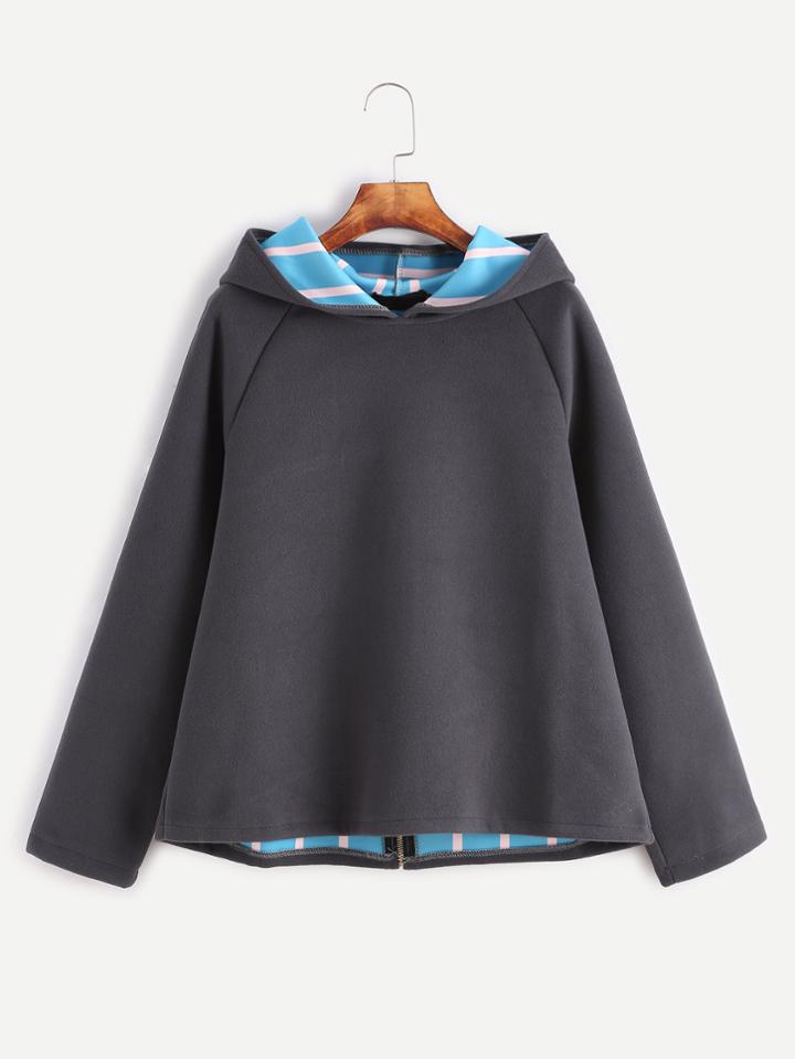 Romwe Contrast Lining Zipper Back Pom Pom Embellished Hooded Sweatshirt