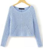 Romwe Hollow Crop Knit Blue Sweater