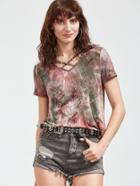 Romwe Multicolor Tie Dye Print Crisscross V Neck T-shirt