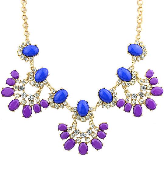 Romwe Blue Purple Gemstone Gold Diamond Necklace