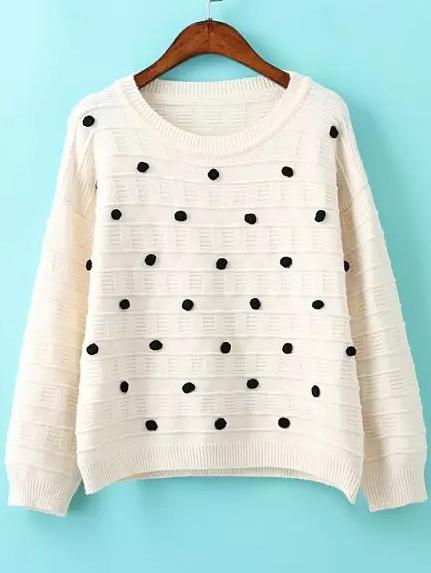 Romwe Round Neck Ball Embellished Beige Sweater