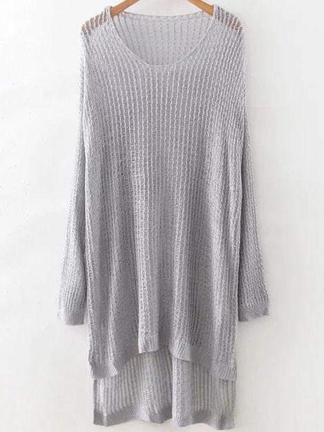 Romwe Grey Hollow Out Dip Hem Sweater Dress