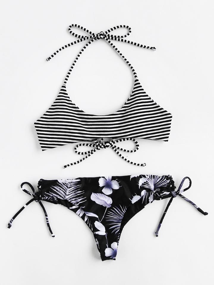 Romwe Striped And Floral Print Tie Detail Bikini Set