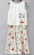 Romwe Sleeveless Cartoon Print Top With Pleated Skirt