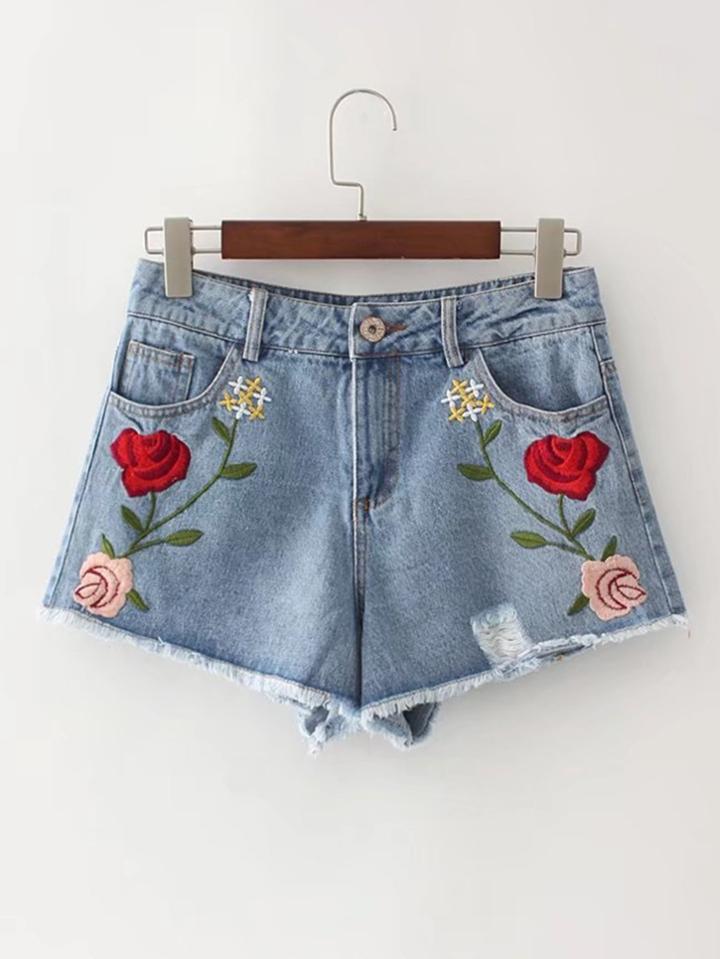 Romwe Raw Hem Embroidered Denim Shorts