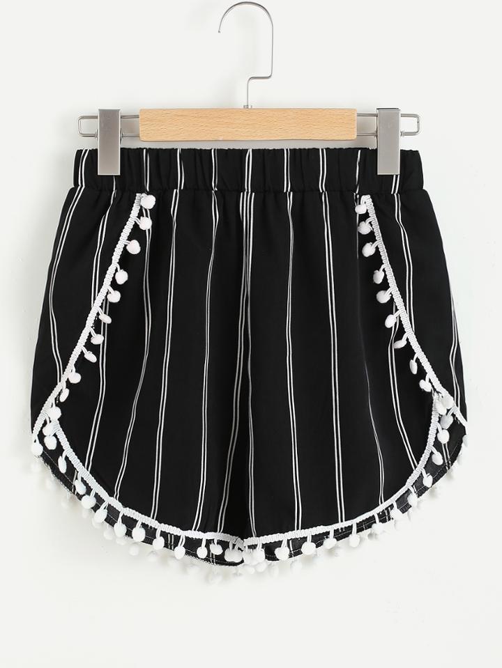 Romwe Striped Shorts With Pom Pom Trim