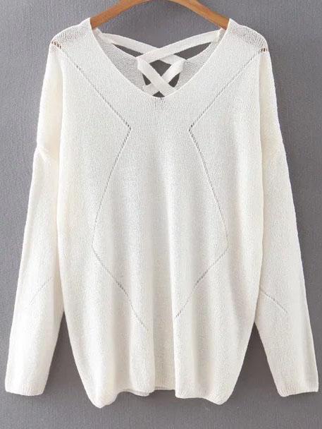Romwe White V Neck Criss Cross Back Knitwear