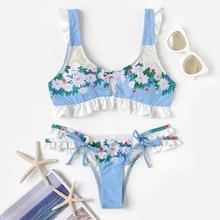Romwe Random Floral Frill Trim Tie Side Bikini Set