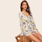 Romwe Tropical And Pineapple Surplice Wrap Belted Romper