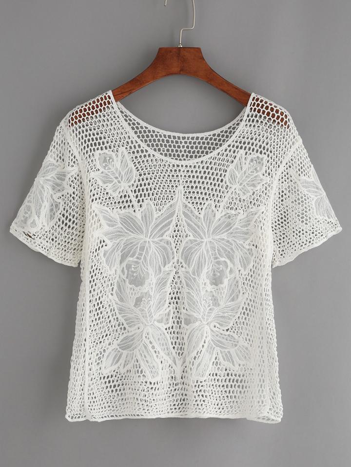 Romwe White Hollow Out Crochet & Embroidered Mesh Top