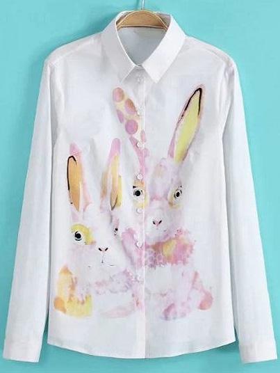 Romwe White Lapel Long Sleeve Pink Rabbit Print Blouse