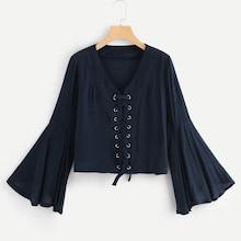 Romwe Lace Up Detail Flounce Sleeve Blouse