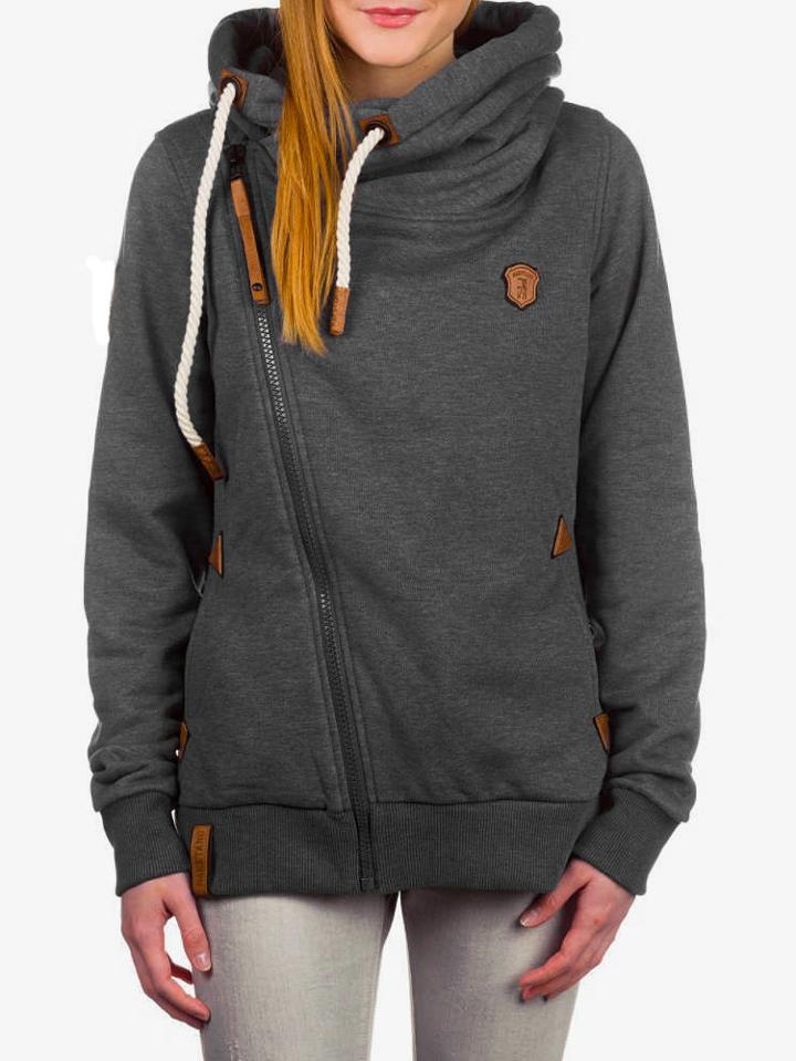 Romwe Dark Grey Oblique Zipper Hooded Thicken Sweatshirt