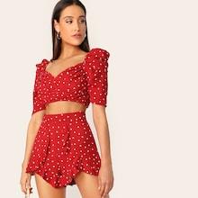Romwe Heart Print Puff Sleeve Top With Ruffle Shorts Set