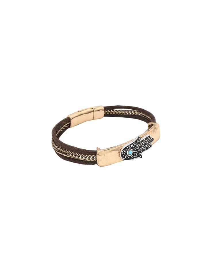 Romwe Hamsa Hand Charm Cord And Chain Bracelet