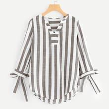Romwe Striped V Neck Knot Cuff Blouse