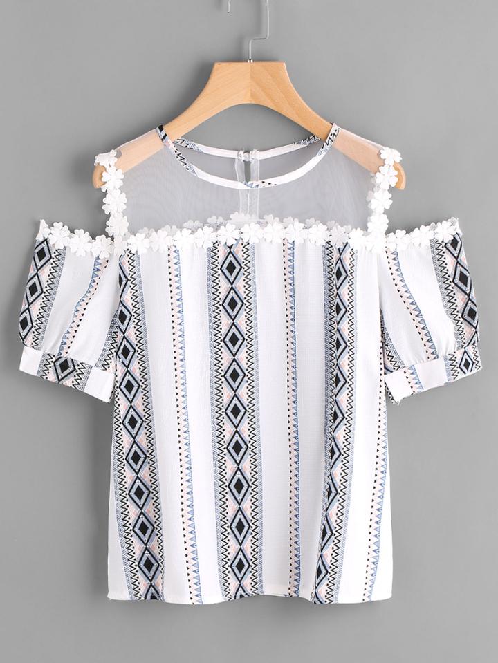 Romwe Open Shoulder Printed Lace Trim Mesh Insert Blouse