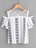 Romwe Open Shoulder Printed Lace Trim Mesh Insert Blouse