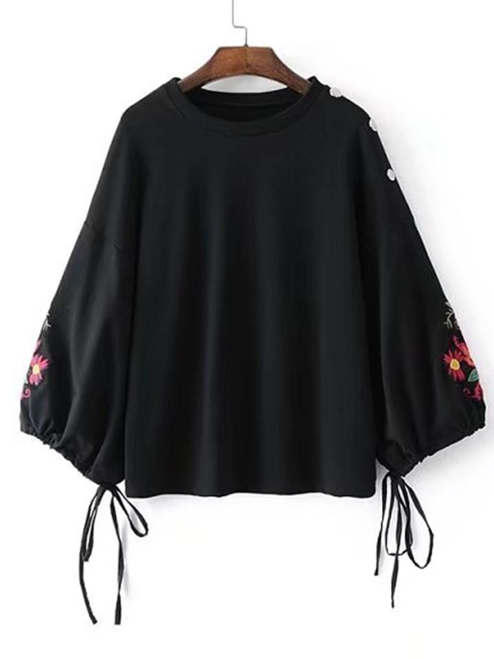 Romwe Embroidered Lantern Sleeve Drawstring Cuff Sweatshirt