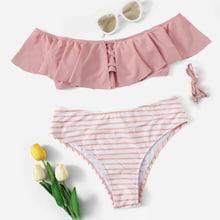 Romwe Flounce Bardot Top With Striped High Waist Bikini