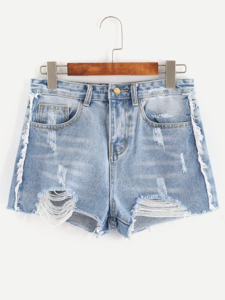 Romwe Blue Bleached Ripped Fringe Trim Denim Shorts