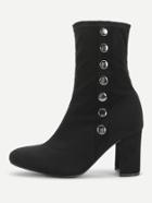Romwe Side Button Block Heeled Suede Boots