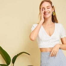 Romwe Eyelet Embroidery V-neck Blouse