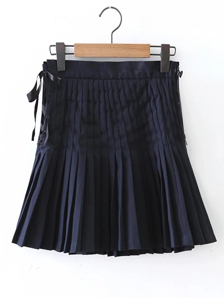 Romwe Eyelet Lace Up Side Pleated Skirt