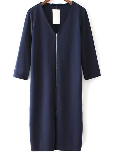 Romwe V Neck Zipper Navy Dress
