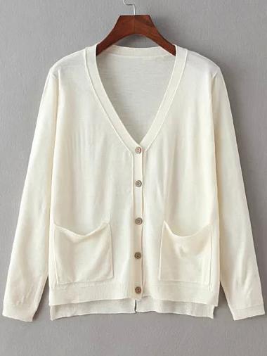 Romwe Dip Hem Pockets Slit Back White Cardigan