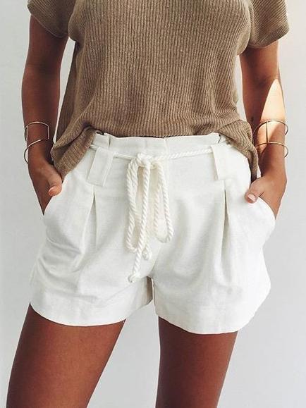Romwe White Drawstring Pleated Shorts With Pockets