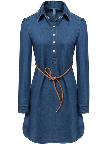 Romwe Lapel Buttons Belt Denim Dress