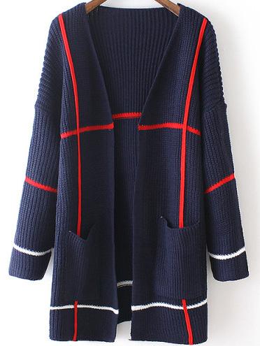 Romwe Long Sleeve Plaid Navy Coat