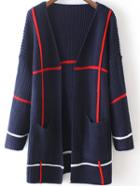 Romwe Long Sleeve Plaid Navy Coat