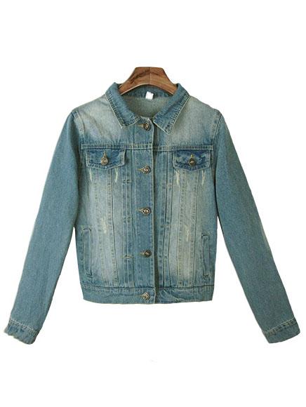 Romwe Lapel With Pockets Bleached Denim Pale Blue Coat