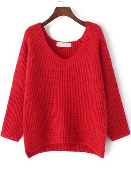 Romwe V Neck Dip Hem Red Sweater