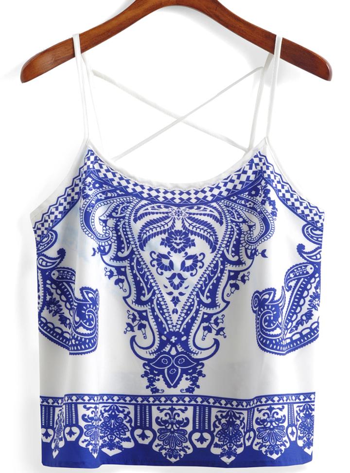Romwe Spaghetti Strap Blue And White Porcelain Print Cami Top
