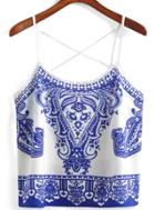 Romwe Spaghetti Strap Blue And White Porcelain Print Cami Top
