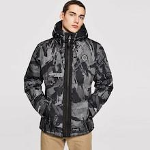 Romwe Men Letter & Camo Print Hooded Puffer Coat