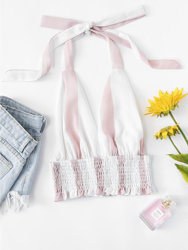 Romwe Striped Smocked Halter Top