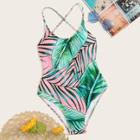 Romwe Tropical Lace-up One Piece Swimwear