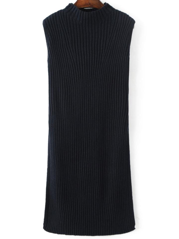 Romwe Navy Mock Neck Sleeveless Side Slit Knit Dress