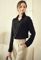 Romwe Lapel Loose Chiffon Black Blouse